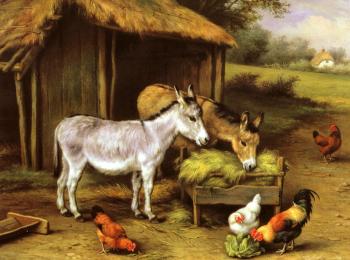 Edgar Hunt : Chickens And Donkeys Feeding Outside A Barn